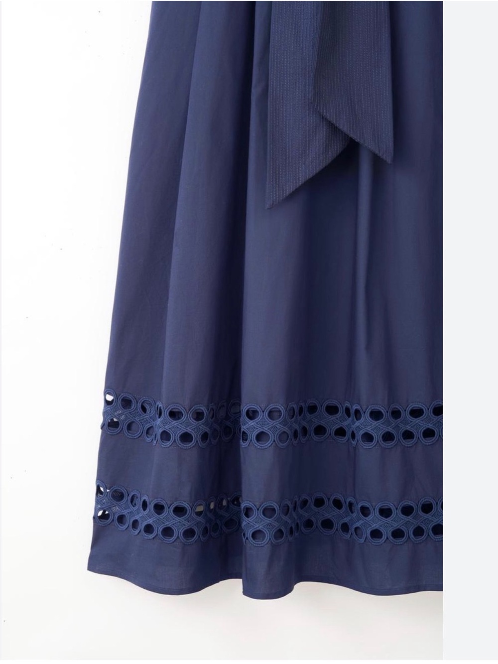 Sleeveless Navy Maxi Dress with Waist Tie and Eyelet Hem - Picture 2 of 8
